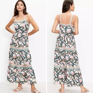 Loft PARADISE Tiered Linen Blend Maxi Sundress Size 8 Pink Green Tropical NWT